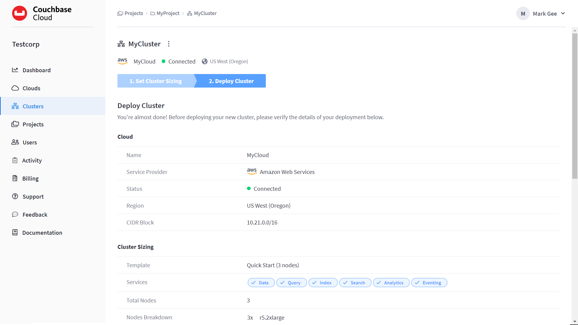 The Deploy Cluster screen