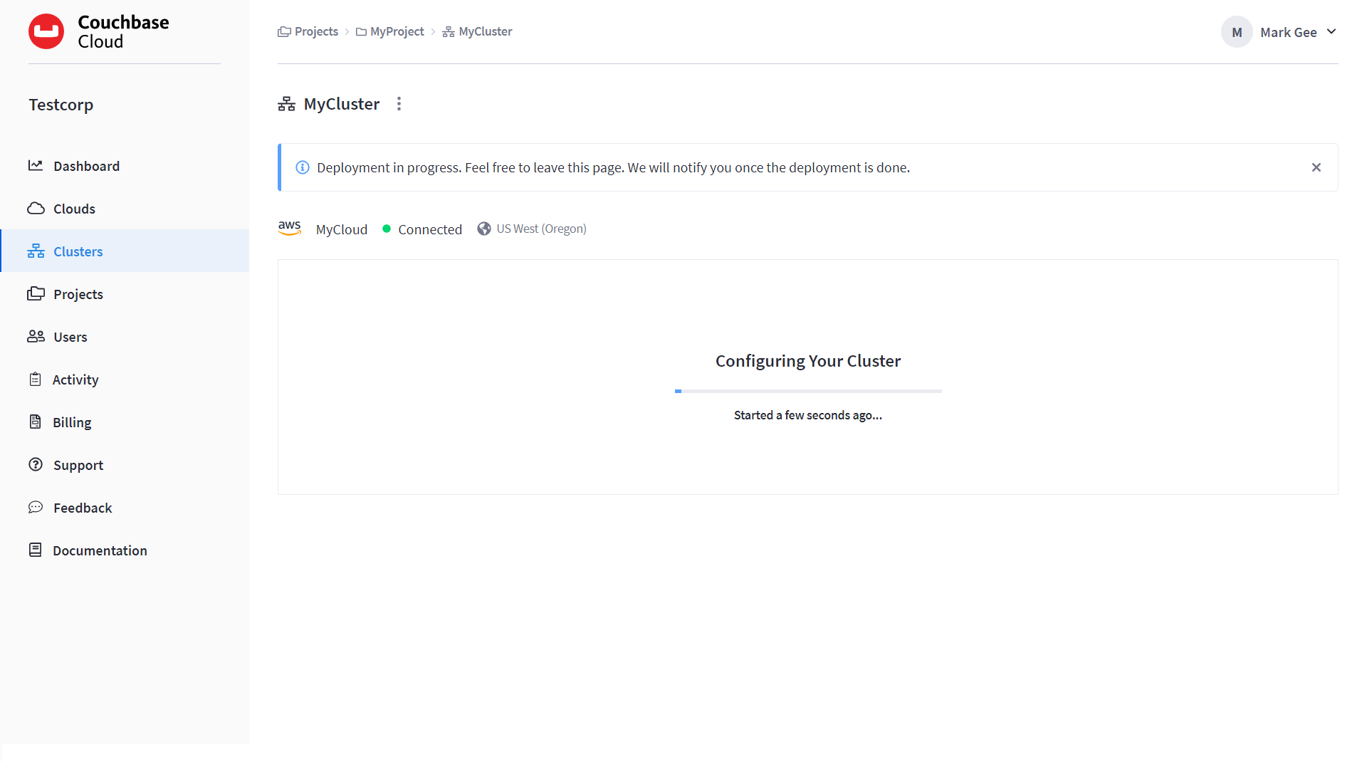 Once you click Deploy, Couchbase Cloud will proceed with automatically deploying the cluster on your connected cloud