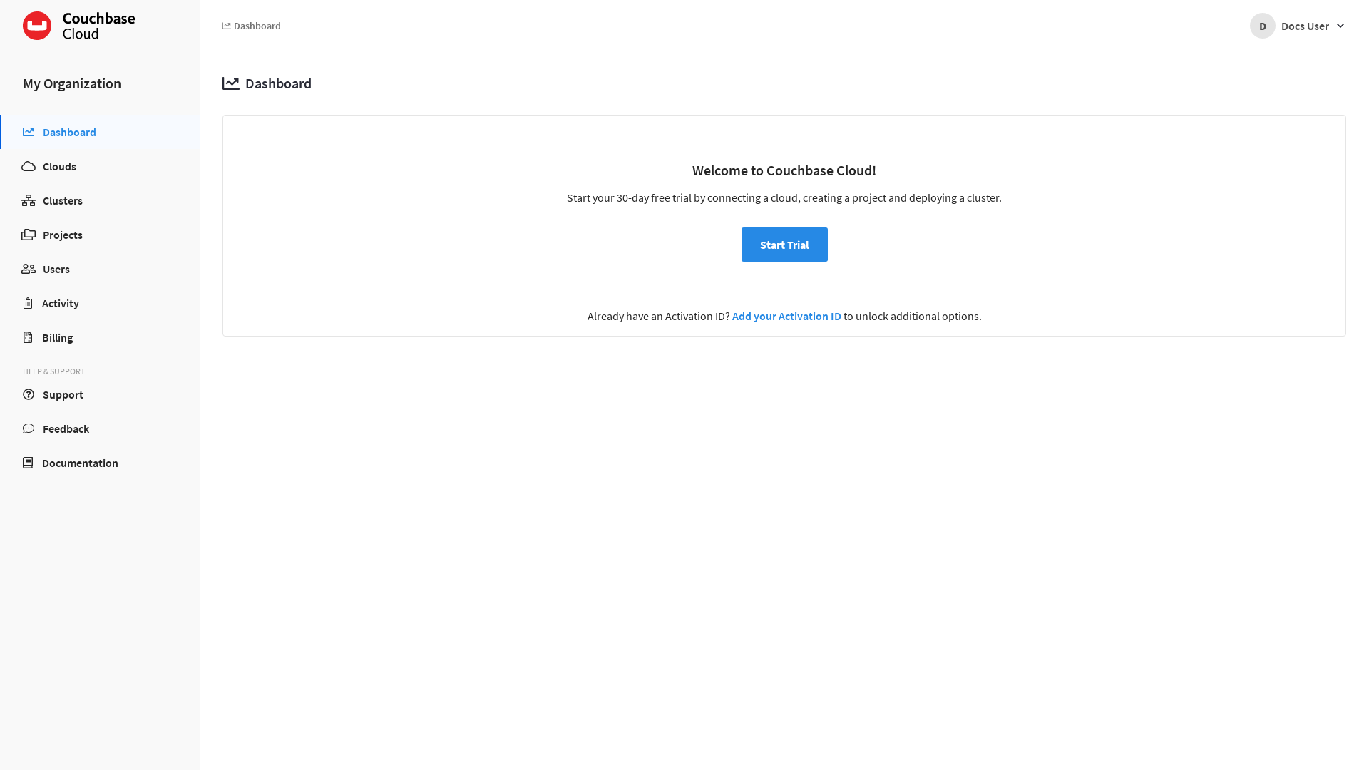 Your organization’s dashboard with the "Start Trial" button