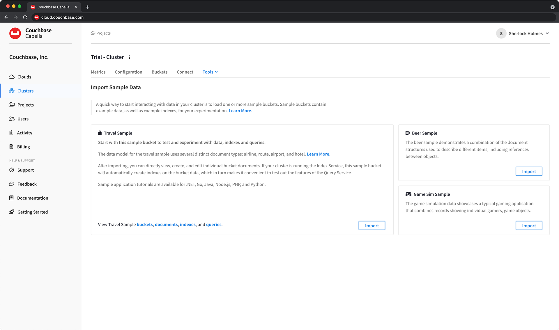 The cluster’s 'Tools > Import' tab, offering three sample data buckets.