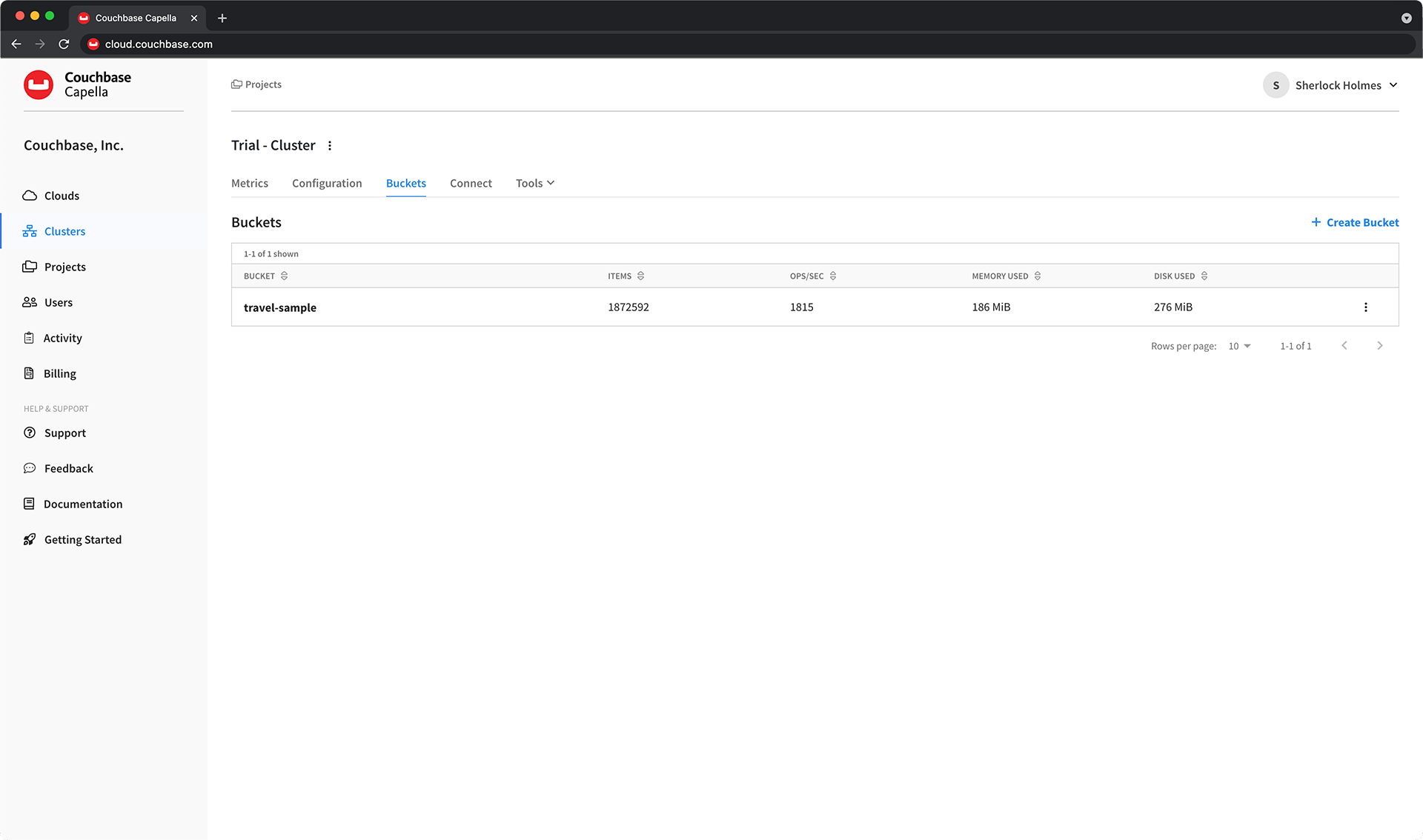 The cluster’s 'Buckets' tab, showing a sample buckets.