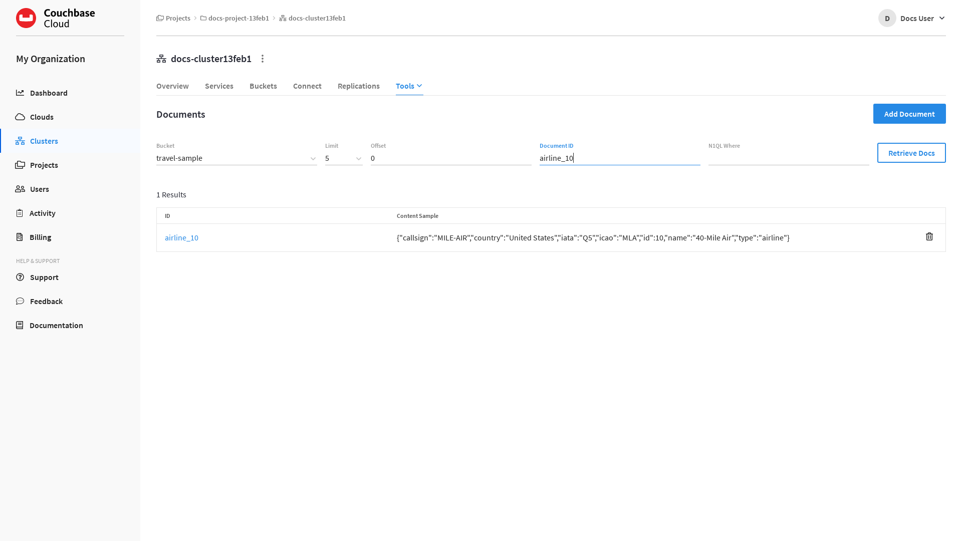 The cluster’s 'Tools > Documents' tab showing the document with ID 'airport_1254' as the only search result.