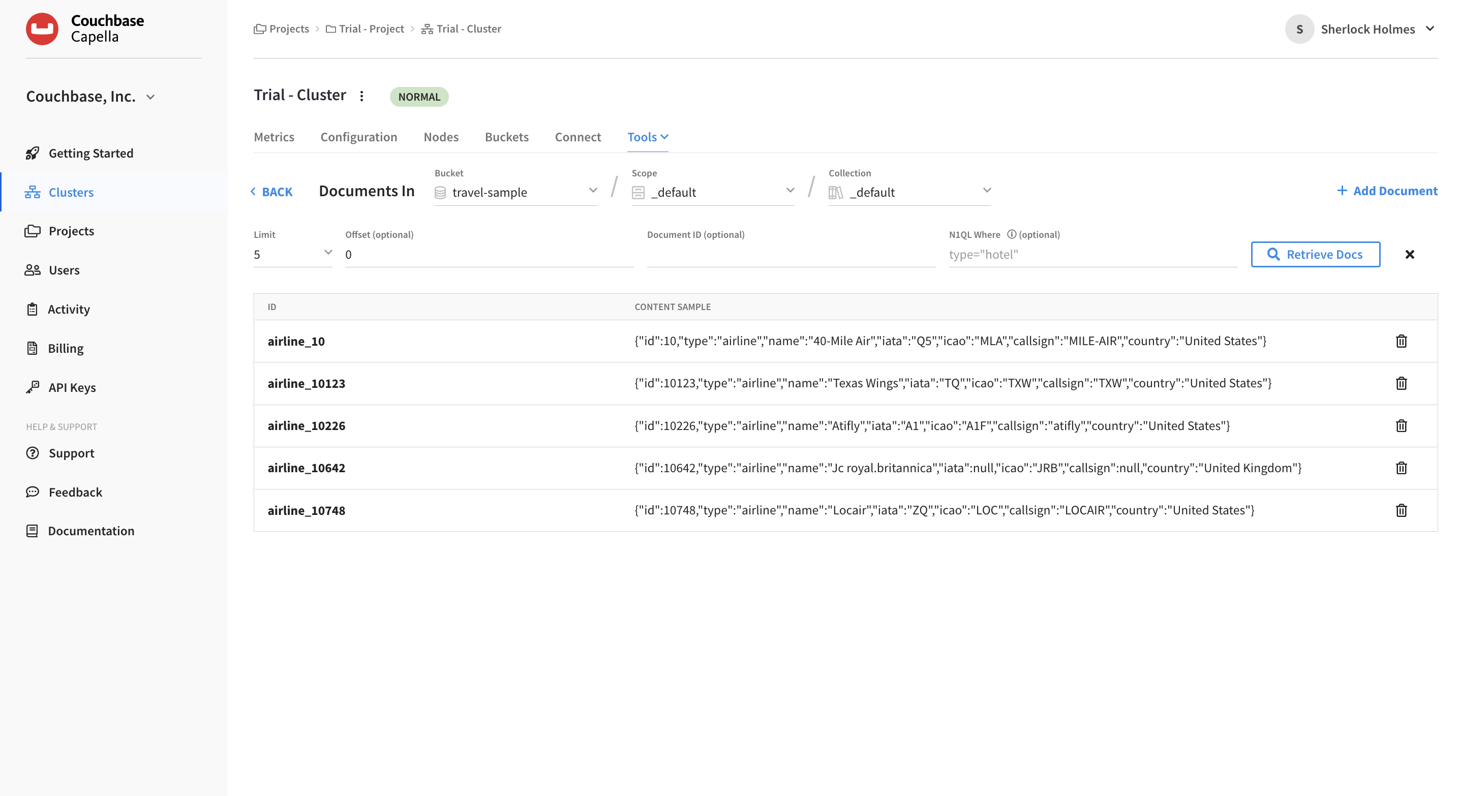 The document viewer open to the default scope and collection in the travel-sample.