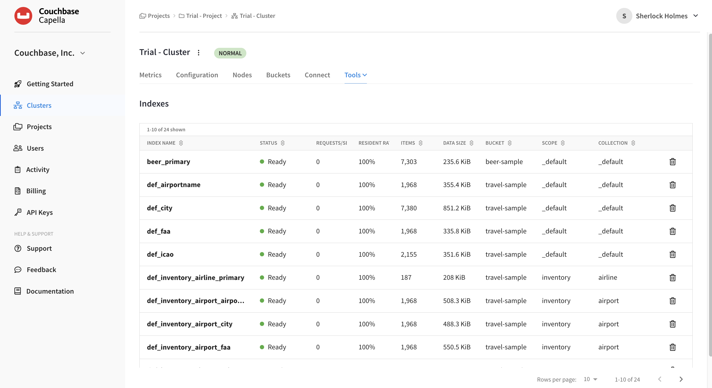 The Indexes page showing a summary of all indexes for the sample buckets.