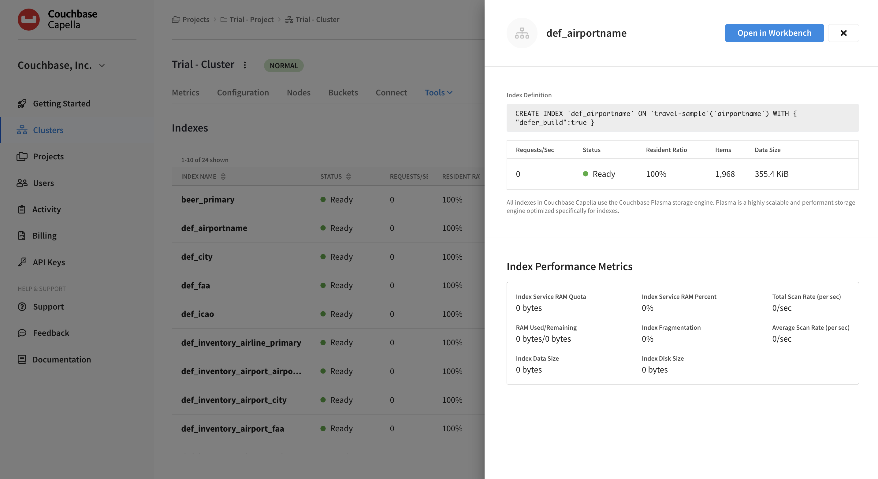 The index flyout open with more details about a chosen index.