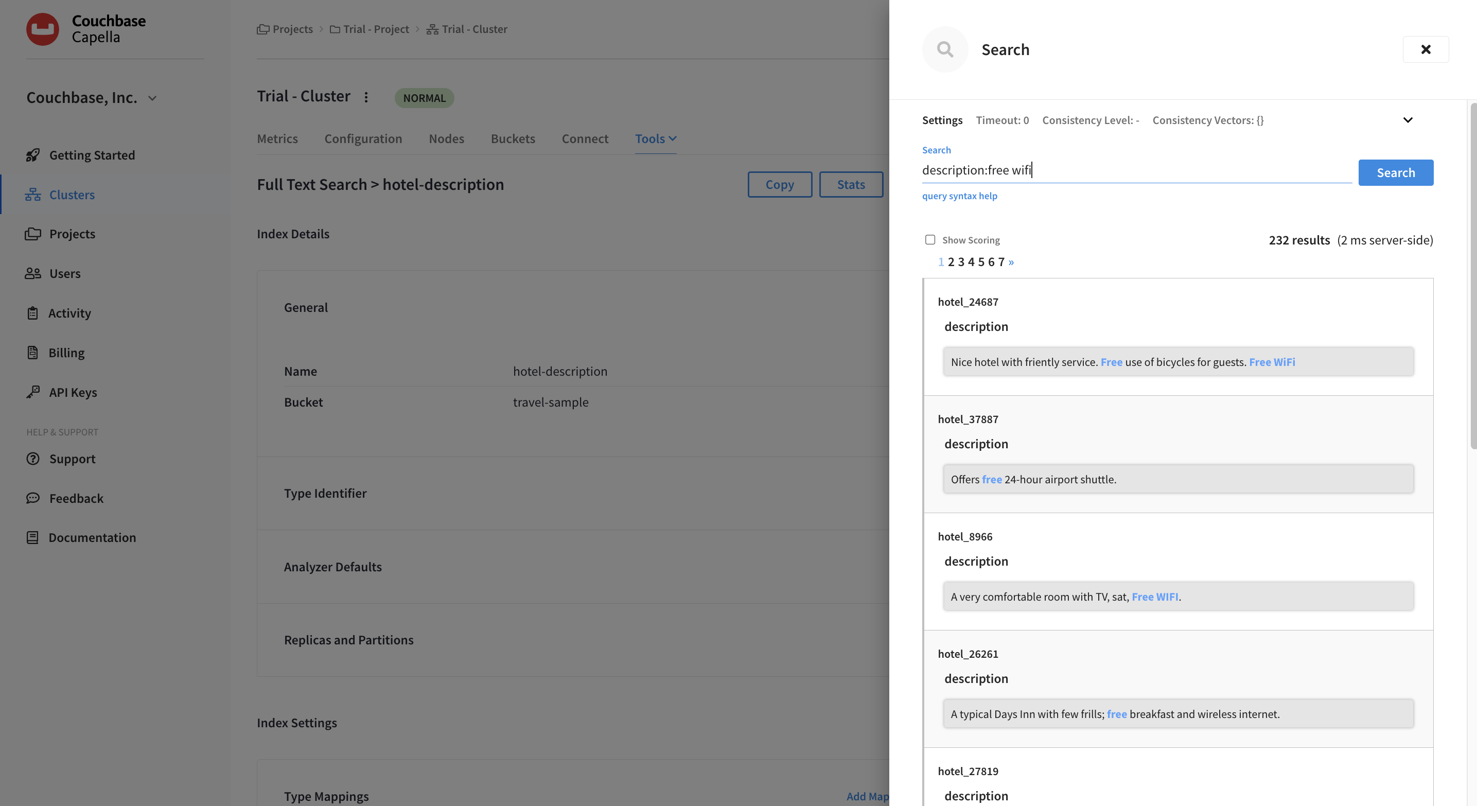 The index flyout open with more details about a chosen index.