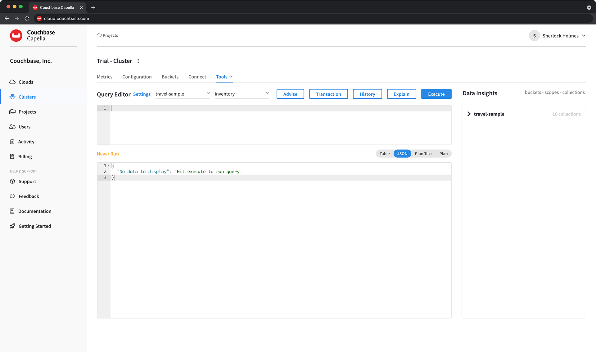 The cluster’s 'Tools > Query Workbench' tab.