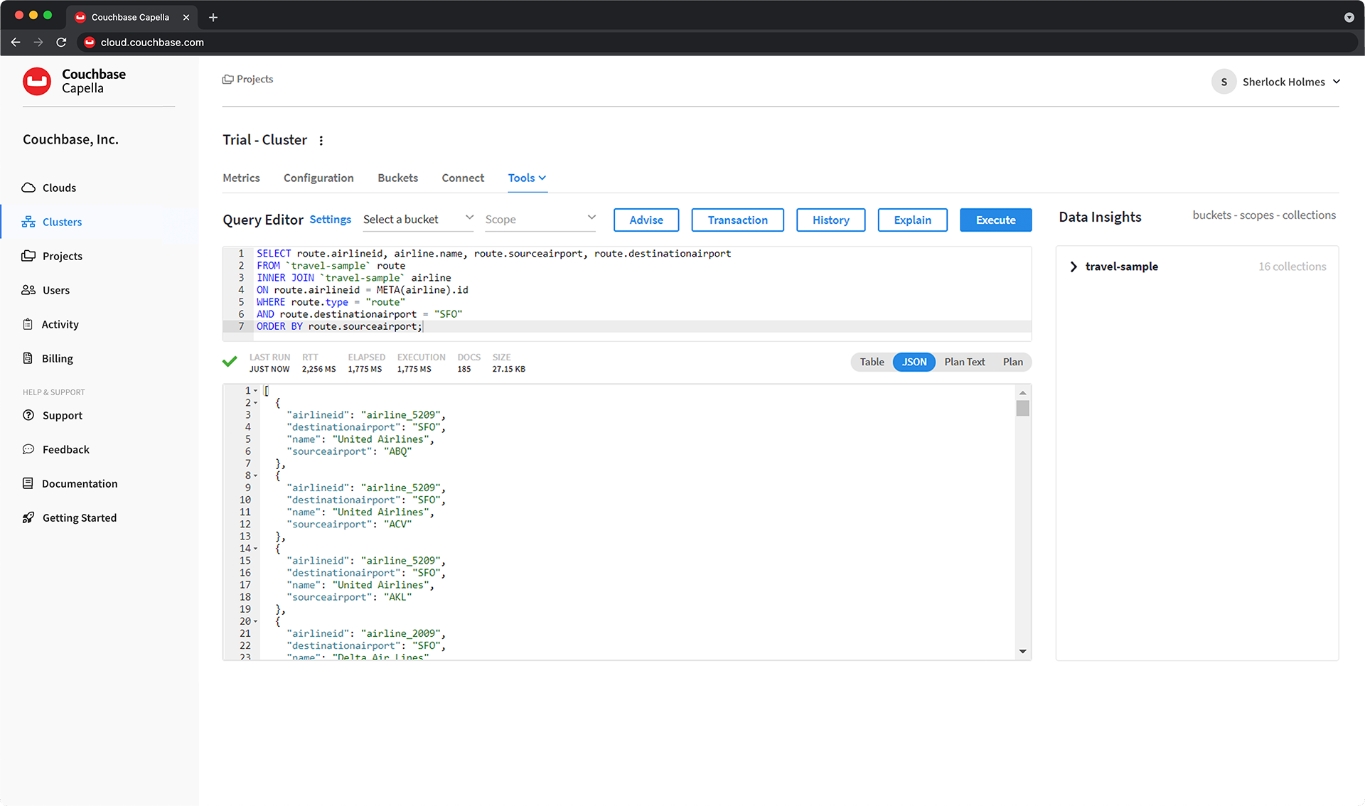The cluster’s Query Workbench screen showing an executed query and its results.