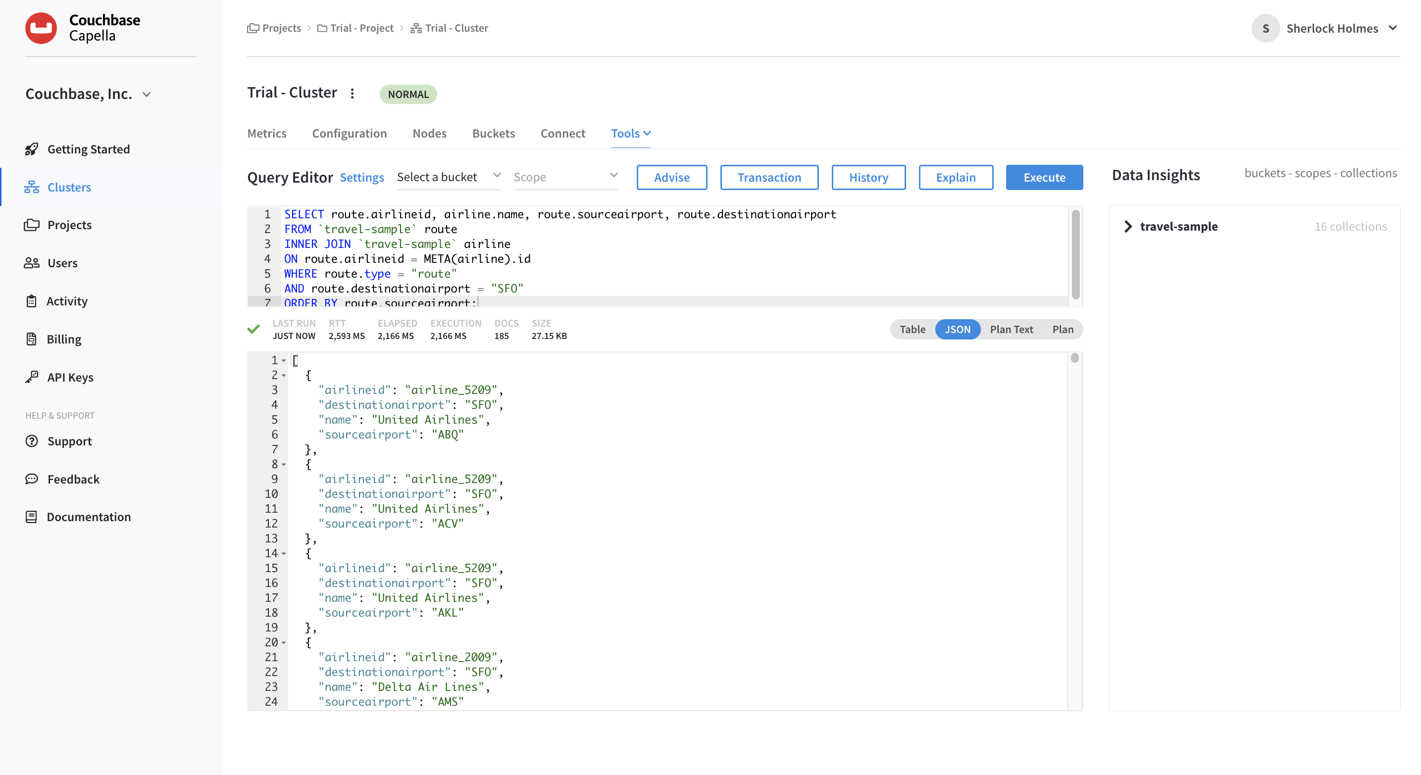 The Query Workbench with a SELECT query and its results shown.