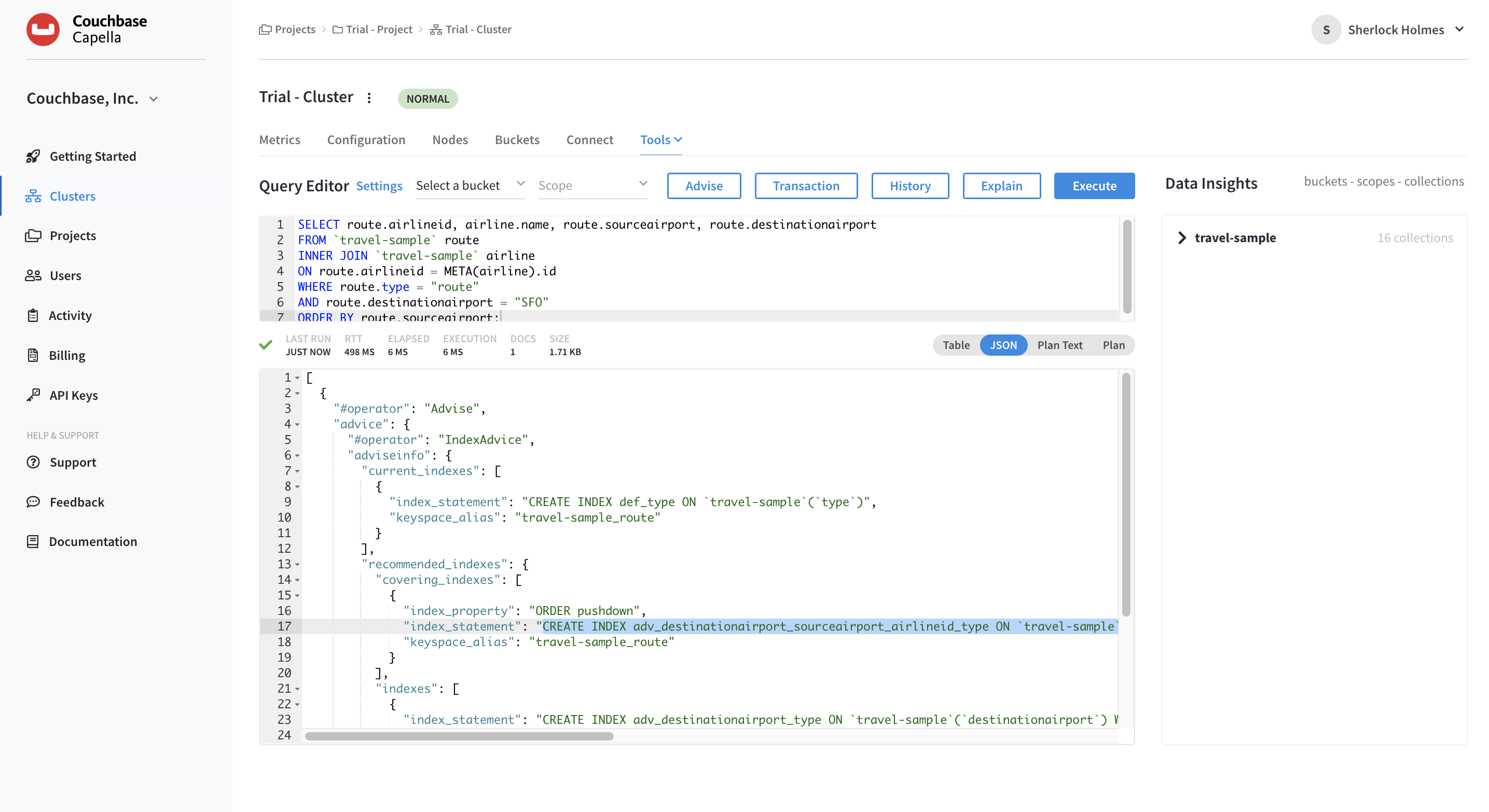 The Query Workbench with a ADVISE statement, its results, and the recommended CREATE INDEX command selected.