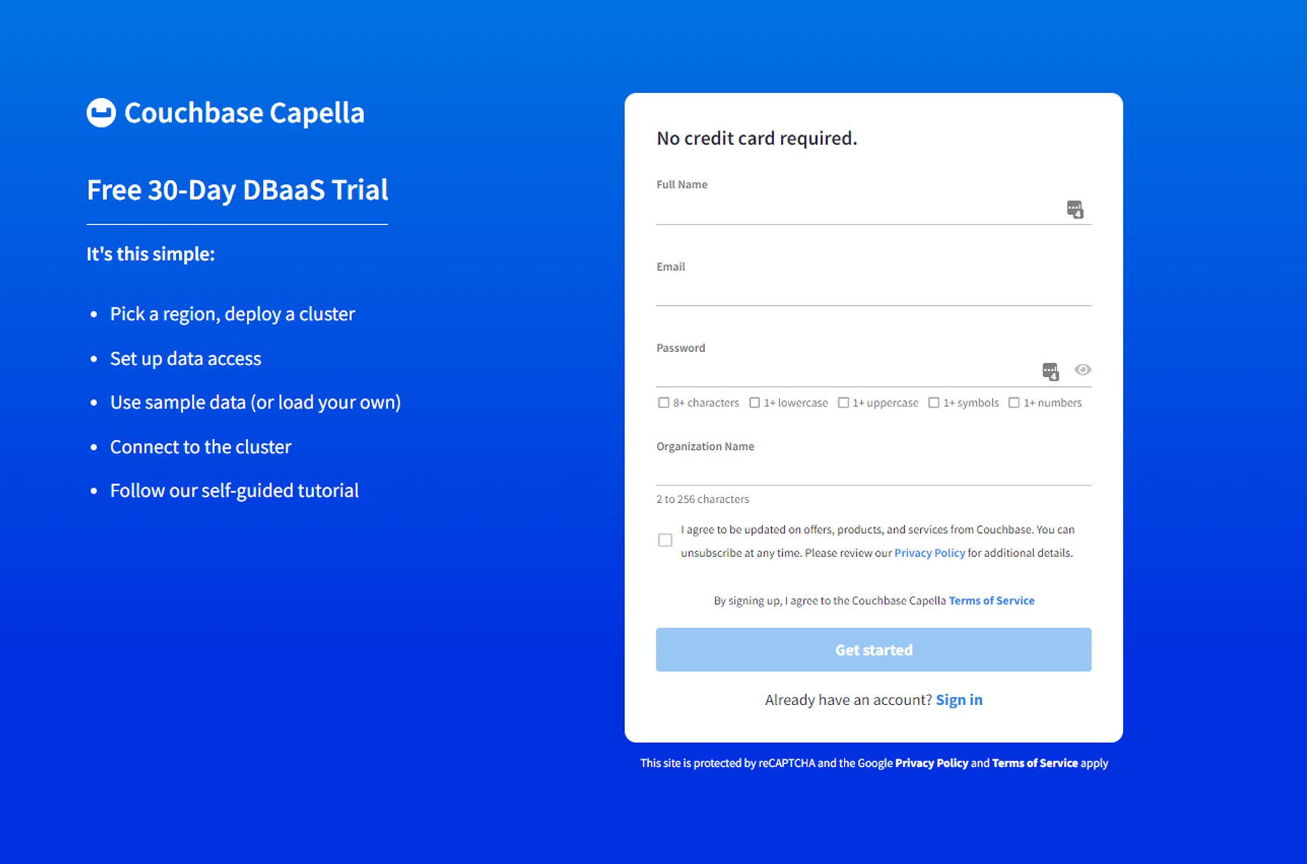The sign-up page for the 30-day free trial of Couchbase Capella