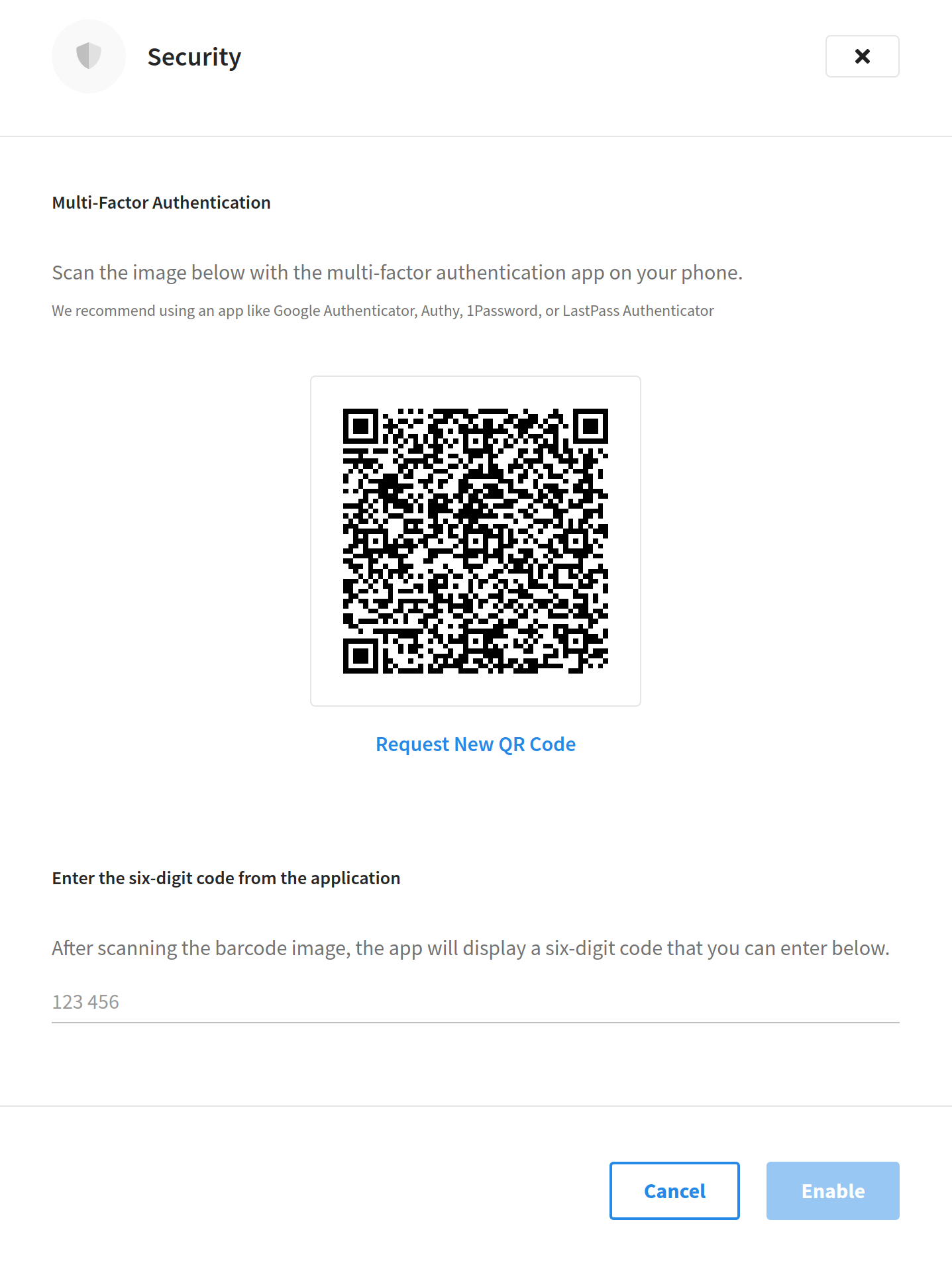 Scan the 2D barcode from your cellphone’s MFA app.