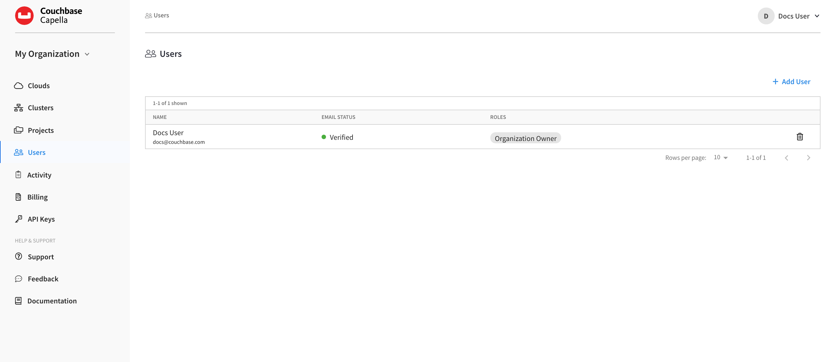 The 'Users' tab showing a table of multiple users, including both Couchbase Capella users and Database users, some with a Status of Verified and some with a status of Pending.